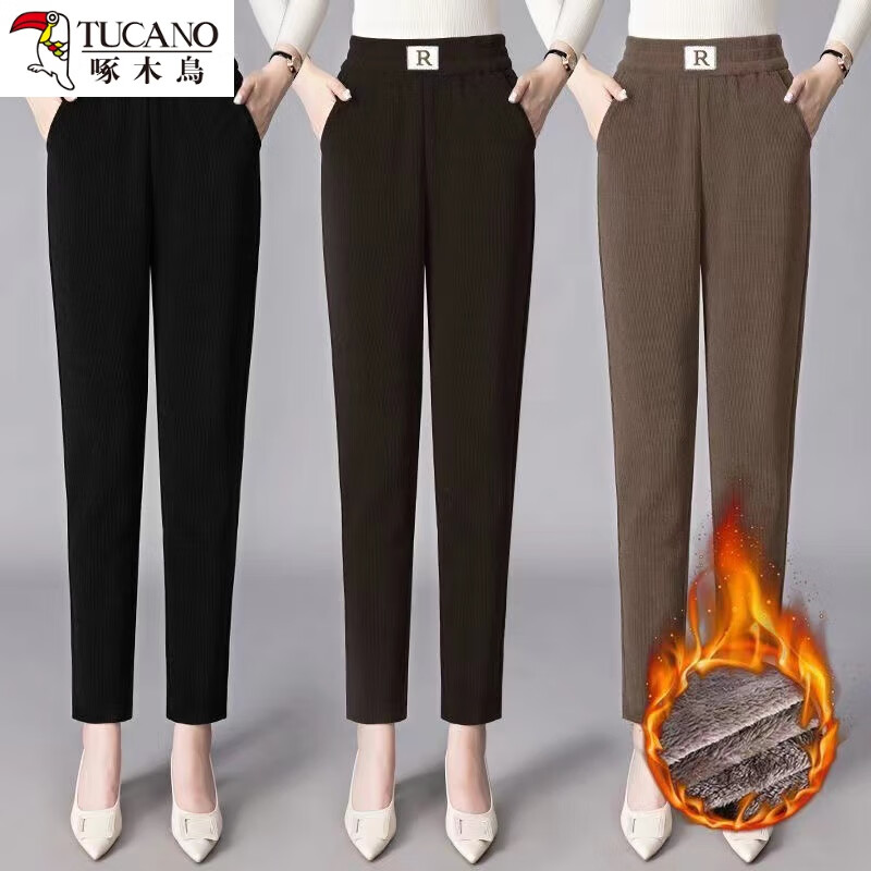 啄木鸟秋冬新加厚雪尼尔妈妈裤高腰弹力休闲裤宽松显瘦直筒裤女长裤加绒 R 卡其【加绒加厚】 加绒 3XL 建议105-130斤