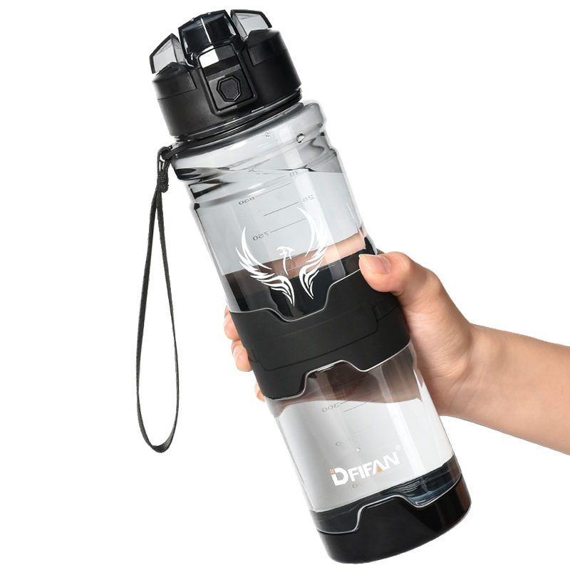 DFIFAN运动水杯男女大容量1000ML户外健身骑行塑料杯子美国进口Tritan材质带茶隔水瓶 透明-黑色1000ml