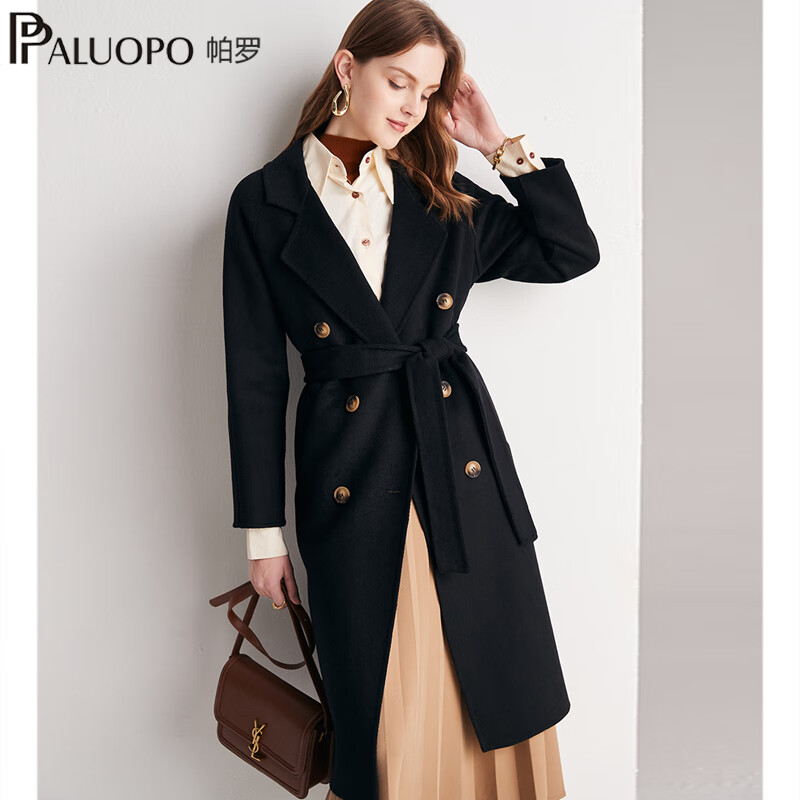 帕罗(PALUOPO)秋冬新款女装毛呢大衣时尚优雅翻领系腰带显瘦百女式羊毛外套 45%羊毛102 M 160/84A