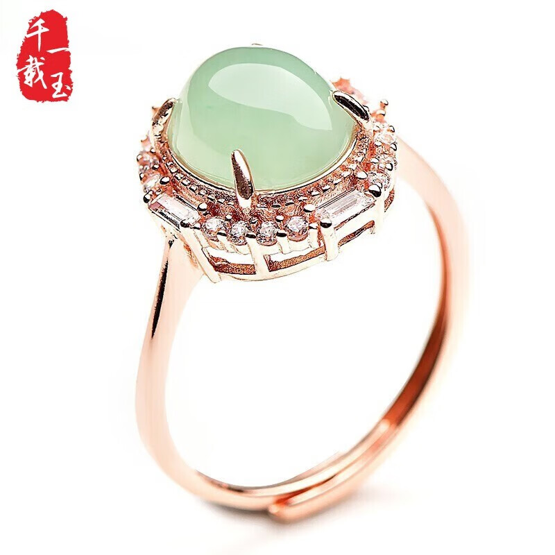 千载一玉翡翠戒指女玉石戒指 冰底淡绿玉戒 冰底石蛋面 银镶玉戒指 可调节