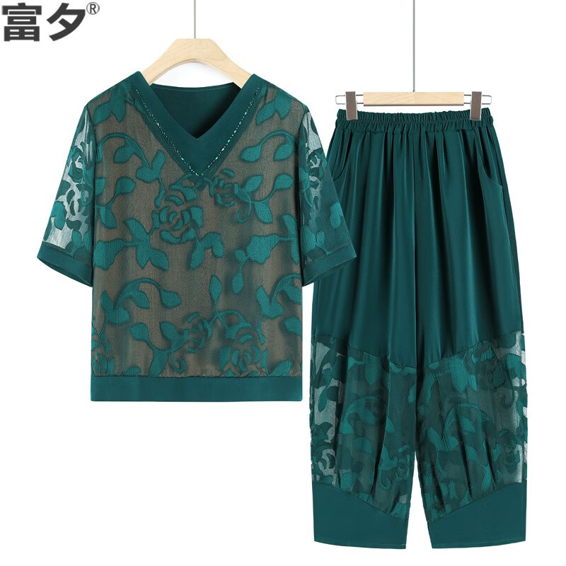 富夕中老年女装夏季两件套宽松时尚中年妈妈装加肥加大码短袖休闲套装 308-绿色 XL（建议115斤以内）