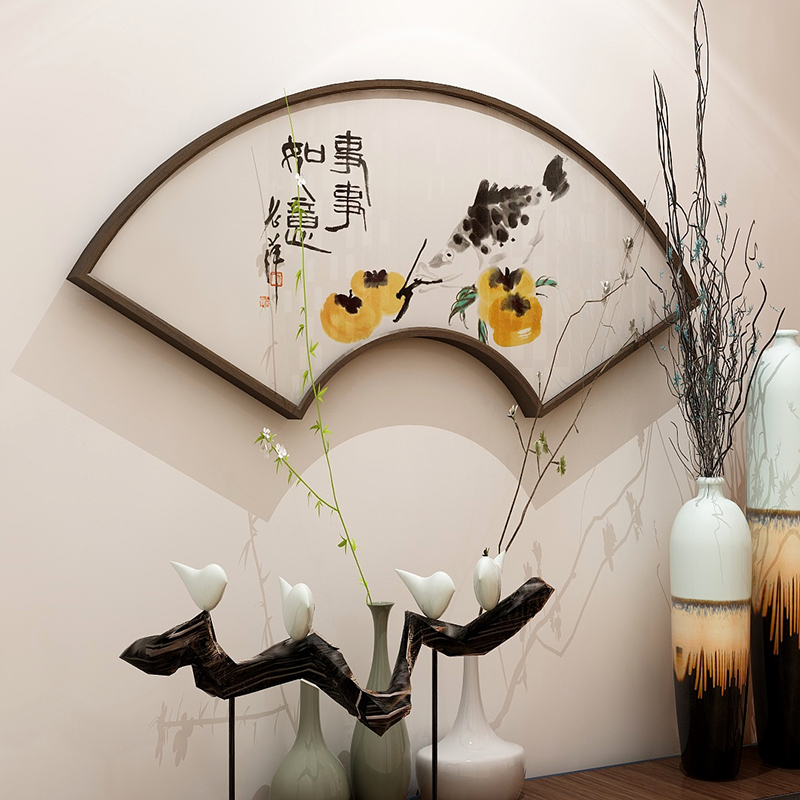 画现代新中式入户进门玄关玄幻走廊过道楼梯背景墙扇形挂画餐厅墙壁画