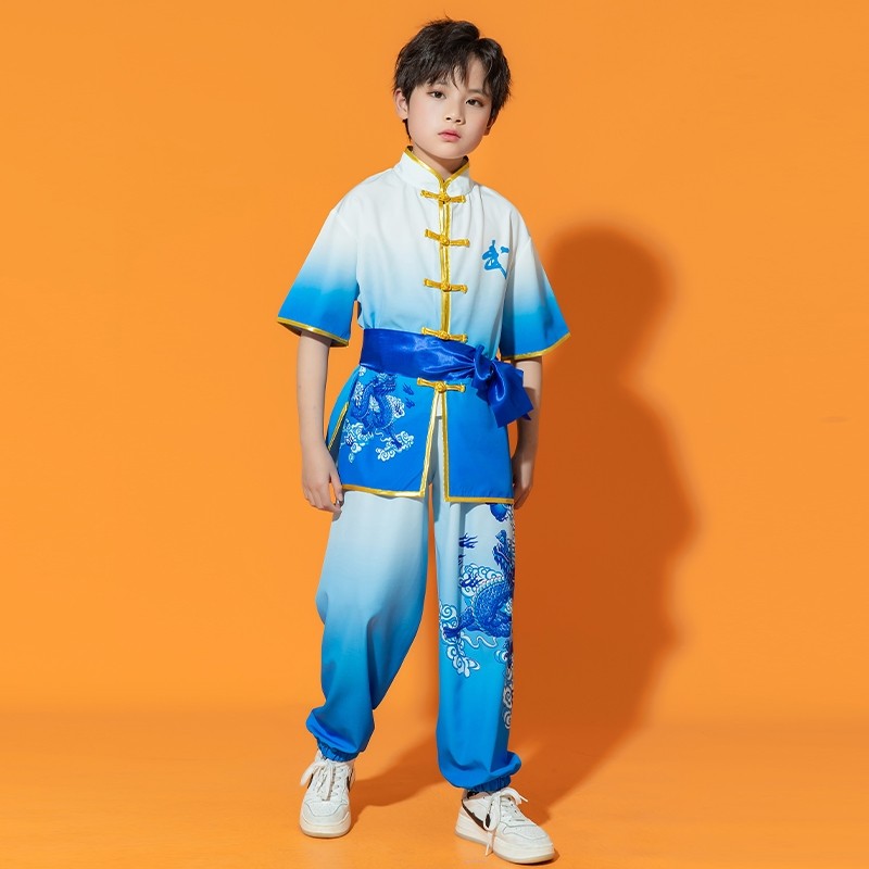 花石猴（HUASHIHOU）新款兒童武術(shù)服練功服訓(xùn)練服精忠報(bào)國(guó)演出服太極武術(shù)舞蹈表演服 藍(lán)色(上衣＋褲子＋腰帶) 110