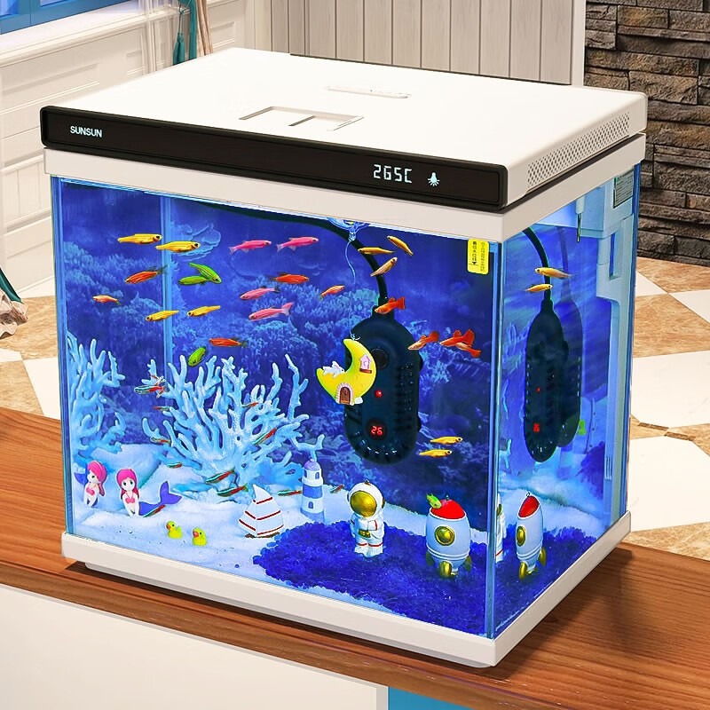 森森（SUNSUN）超白玻璃鱼缸可增氧客厅小型桌面家用水族箱免安装金鱼缸 升级免安装60cm长白色【可定色灯光】