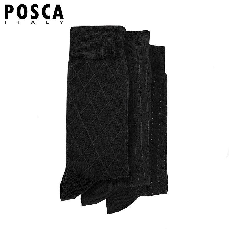POSCA男士高筒长袜 夏季丝光棉点点竖条纹菱形纹商务袜绅士袜子 黑色（3双混装） 均码（39-44鞋码）