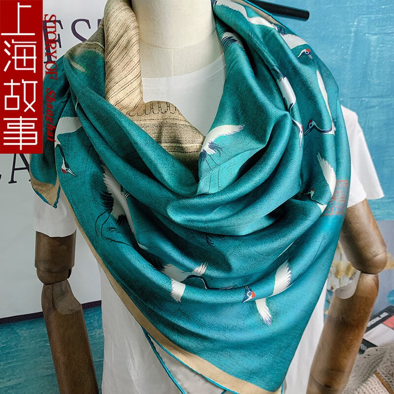 上海故事真丝围巾女正方形丝巾110披肩桑蚕丝纱巾手工卷边宋徽宗瑞鹤