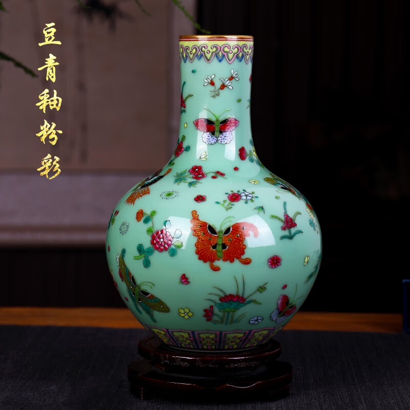 未卒景德镇陶瓷器粉彩绿色小花瓶中式书房客厅将军罐博古架装饰品摆件 天球瓶