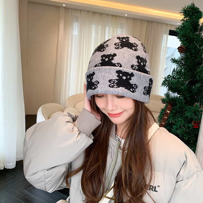 帽子女秋冬加厚保暖针织帽百搭休闲护耳包头冷帽 灰色 成人(56-58cm)