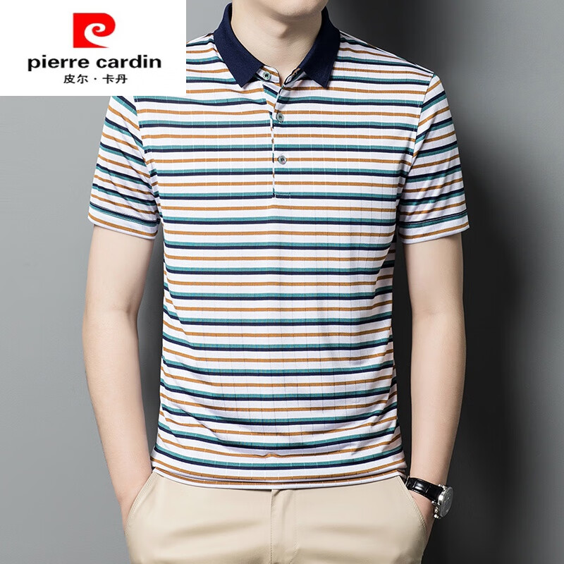 皮尔卡丹品牌高档桑蚕丝短袖t恤男polot恤衫高端真丝条纹抗皱体恤爸爸