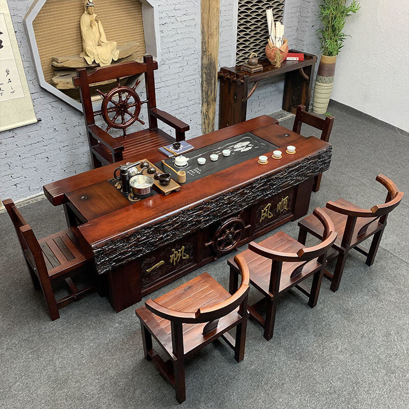 百圣牛老船木茶桌椅組合正宗龍骨茶臺實(shí)木茶幾家用現(xiàn)代簡約辦公室茶藝桌 2.2米茶桌+5靠背椅+船舵椅