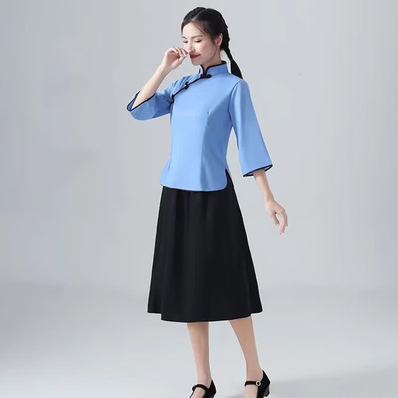 叙耳民国学生装中山装男班服舞台合唱表演出服装五四装民国风女装 蓝色上衣+中裙 S使用感如何?