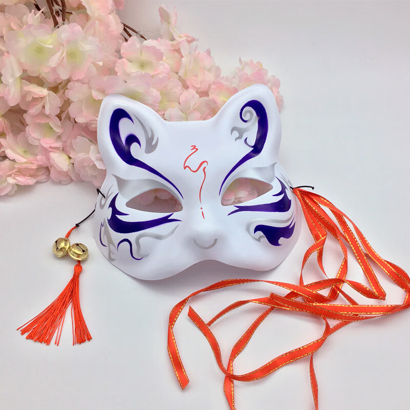 彩绘日式和风狐狸面具半脸 古风汉服化妆舞会cos动漫猫脸狐妖面罩 蓝