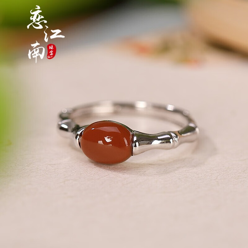 恋江南 S925足银镶嵌南红玛瑙女士戒指复古个性竹节精致开口玉石银指环 南红玛瑙戒指
