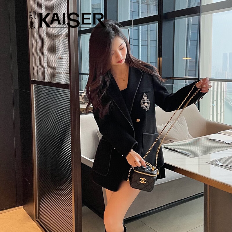 凯撒（KAISER）女士毛呢大衣秋冬中长款双面呢外套韩版时尚西装领羊毛大衣个性气质名媛轻奢高档女装 黑色XL