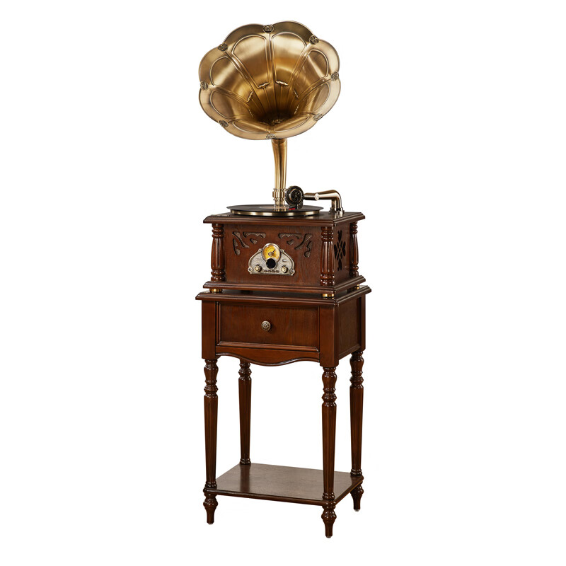 圣利纳(SHENGLINA) 美式实木留声机复古怀旧国民老式唱片机仿古大喇叭音响欧式黑胶唱片机电唱机 【胡桃色】铜喇叭+低音炮