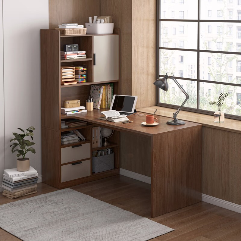 扑哩扑剌转角书桌书架一体电脑台式桌l形学生用卧室拐角学习写字桌