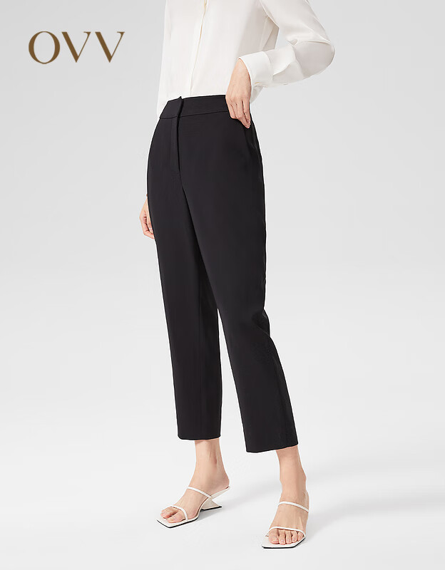 OVV【日本进口三醋酸】OVV2022春夏新款女装弹力后腰简约通勤休闲裤 黑色01 S