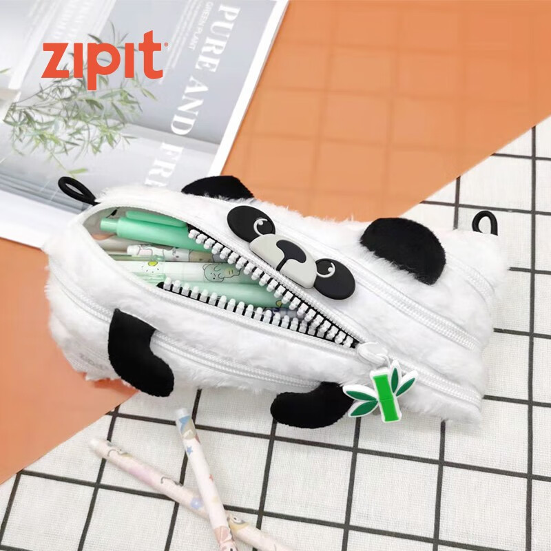 ZIPIT一根拉链笔袋2022新款熊猫毛绒笔袋墩胖拉链文具袋校园潮流笔盒创意礼品带扣可挎 熊猫笔袋