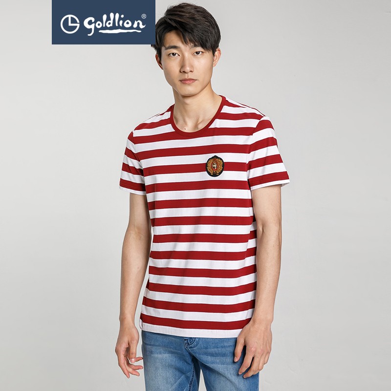 简约条纹休闲时尚夏季圆领修身条纹短袖t恤上衣上装体恤衫 71-红白条
