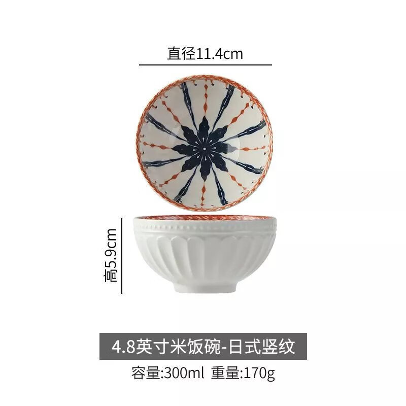 【精选】日式陶瓷碗家用高颜值米饭碗吃饭碗水果沙拉碗创意网红餐 1件套 饭碗一个装 日式竖纹