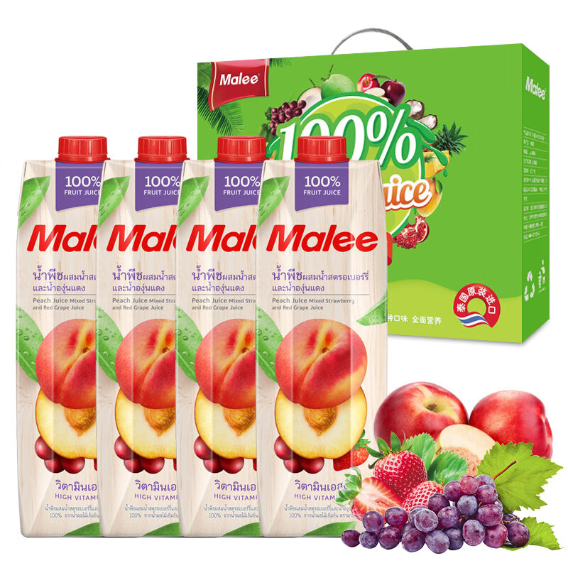 泰国原装进口 玛丽（Malee）100%果汁 桃子草莓复合果汁饮料1000ml*4瓶