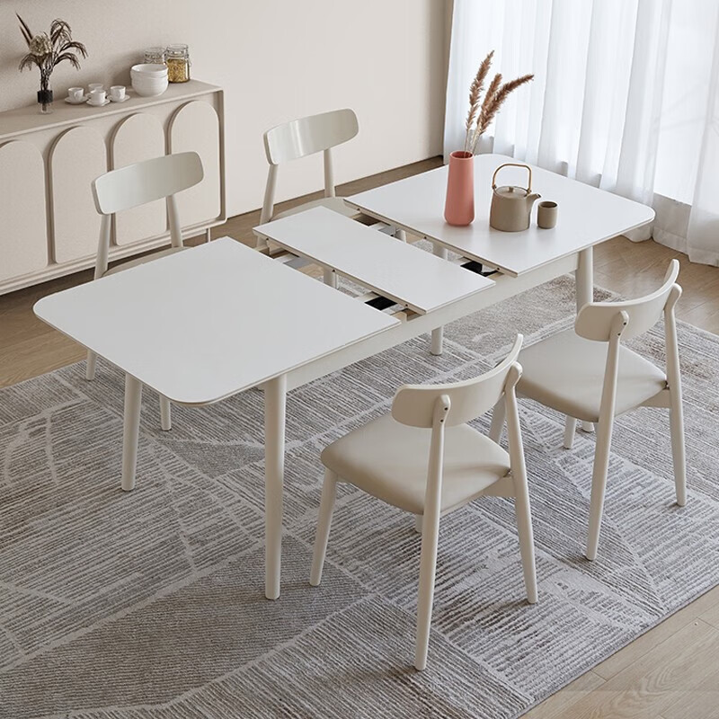 四季慕屋 白色奶油风纯白岩板实木餐桌可伸缩小户型2023新款餐桌椅组合 {1.2-1.5}米可伸缩岩板餐桌 组装