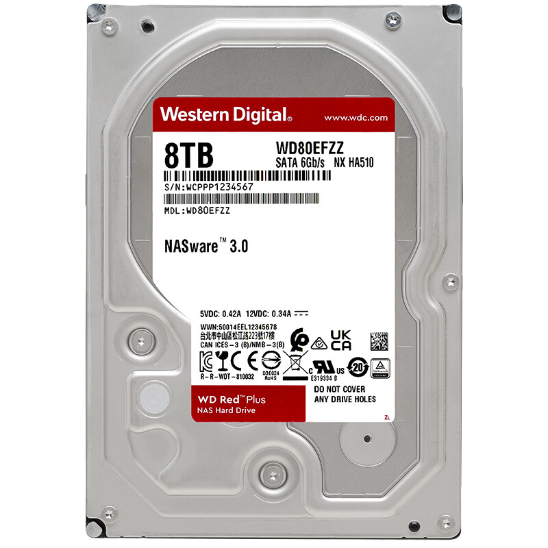 西部数据 8TB NAS硬盘 WD Red Plus 西数红盘Plus 5640转 128MB SATA CMR (WD80EFZZ)