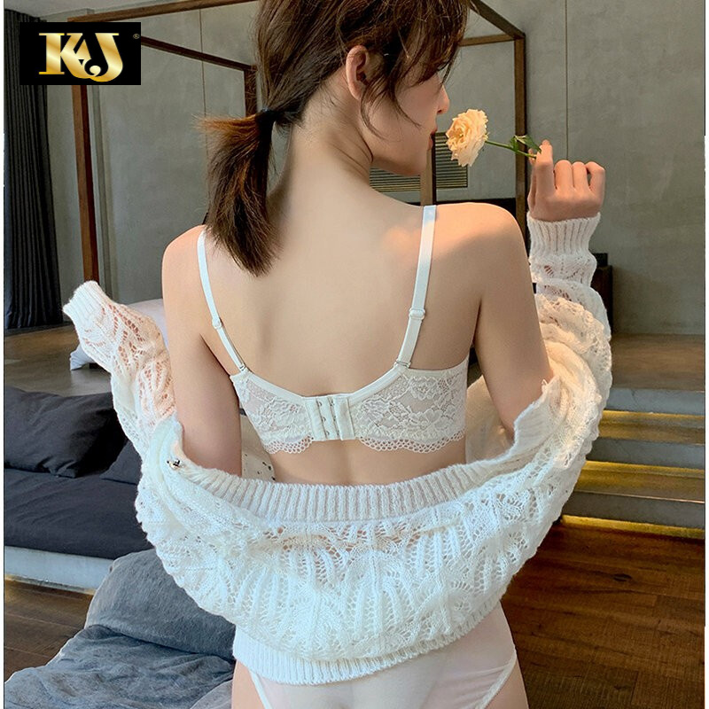 KJ内衣女无钢圈聚拢文胸性感蕾丝上托调整型文胸套装薄杯内衣套装 075神秘黑 85C =38C