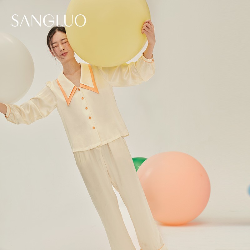 桑罗（SANGLUO）重磅真丝睡衣套装法式大尖领叠领外穿明星同款家居服女新年礼物 奶白色 身高165/170（L）体重100-120斤