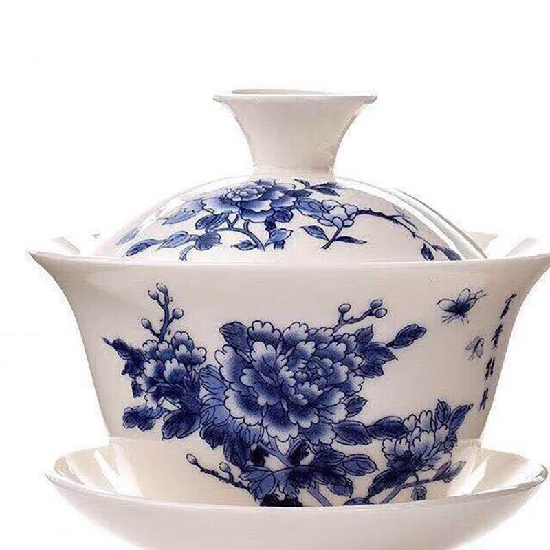 文枝茶杯三合一标准功夫茶泡茶陶瓷大号盖碗紫砂杯碗子 青花白