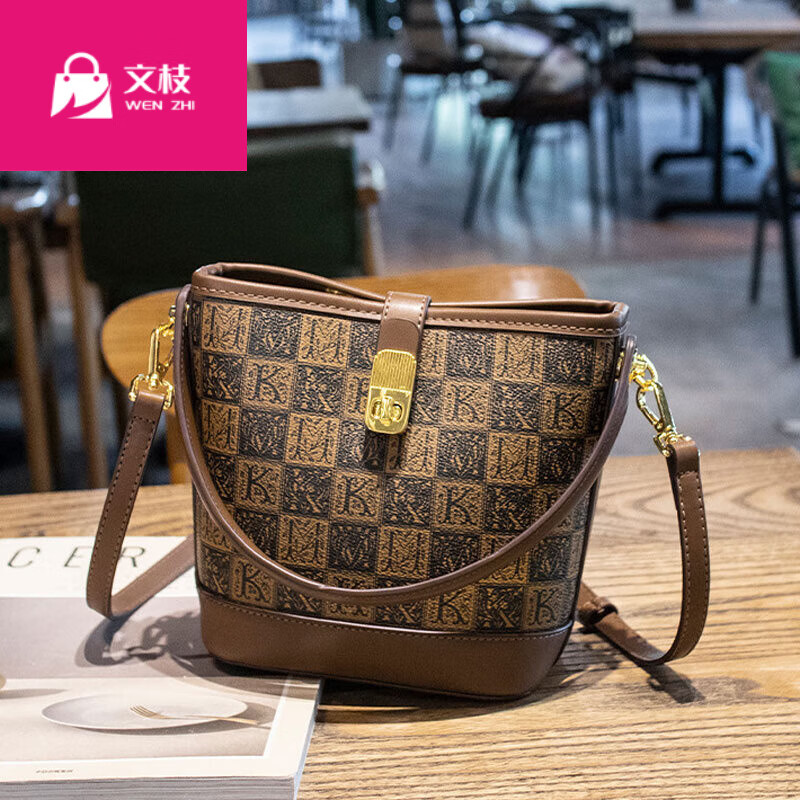 文枝斜肩小包包2023新款女包时尚手提单肩斜挎包水桶包 k咖啡色