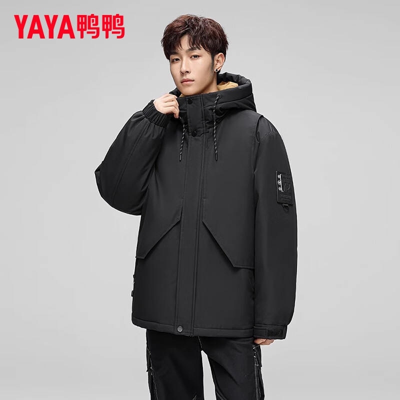 鸭鸭羽绒服男短款2024年冬季新款加厚户外冲锋连帽工装青年潮流外套 黑色 180/XL