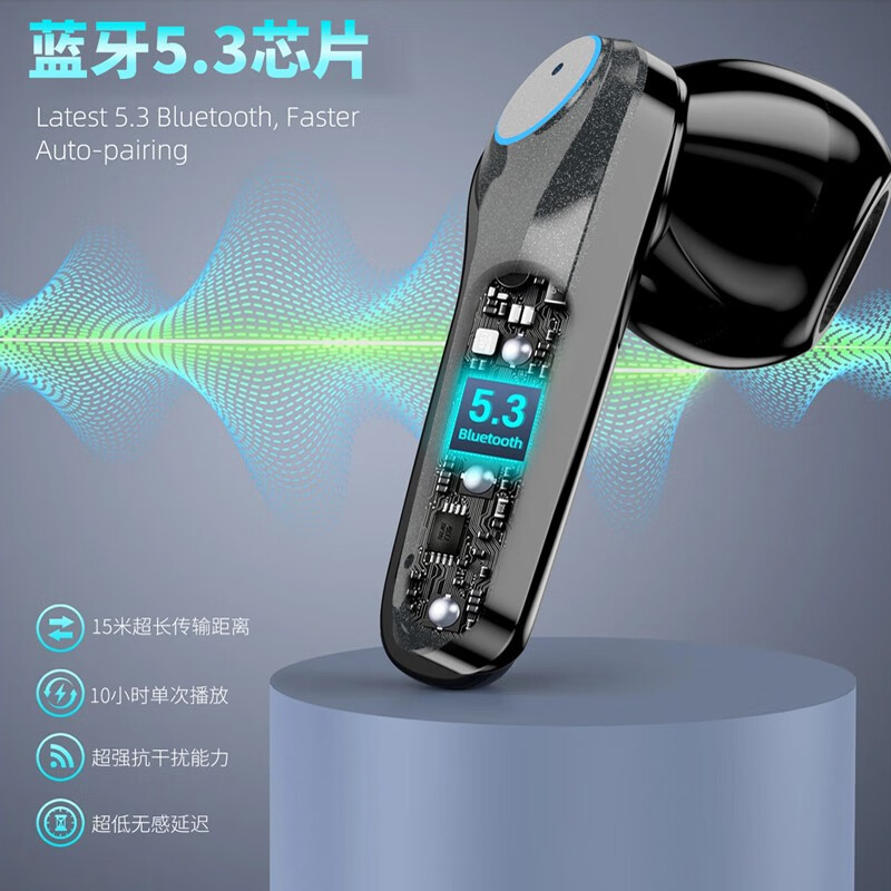 vsidea超重低音真无线耳机ENC双麦克风降噪超大音量蓝牙5.3低延迟游戏耳塞信号穿墙王电量显示全手机通用 黑色