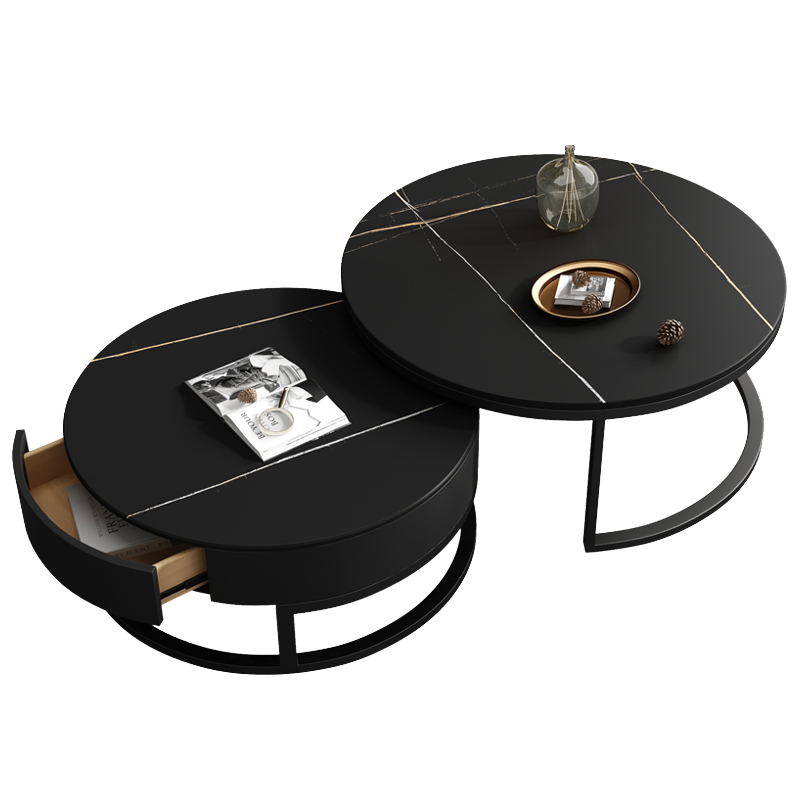 维港  轻奢岩板圆形茶几小户型现代简约客厅网红北欧风茶几桌家用可储物 阿玛尼灰(带抽屉) 60*80*45cm套装