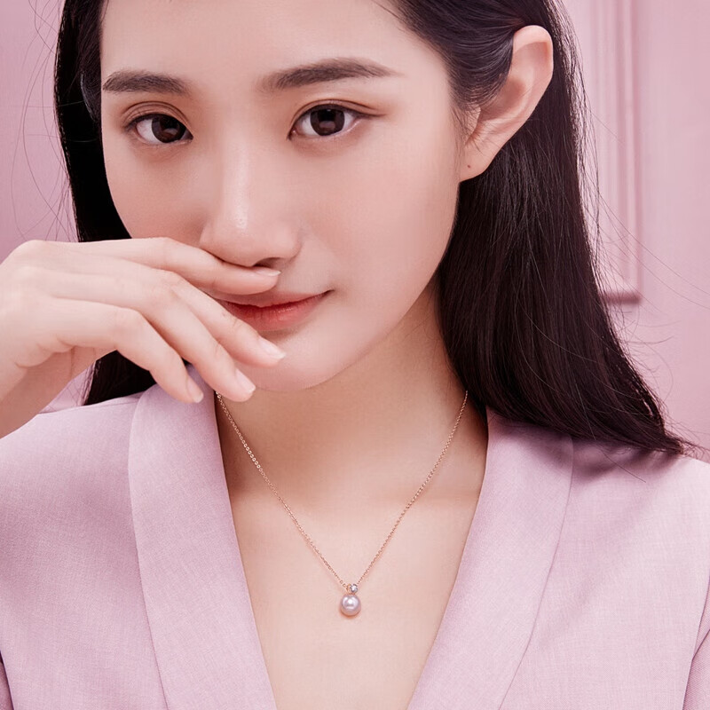 珍珠皇后Akoya海水珍珠项链18K金镶钻石吊坠戴妃款生日礼物送女朋友 玫瑰色18K金【9-10mm】