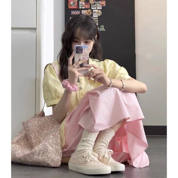 希尾苹果型身材胖妹妹穿搭夏季一整套装新款甜美学院风短袖衬衫女显瘦
