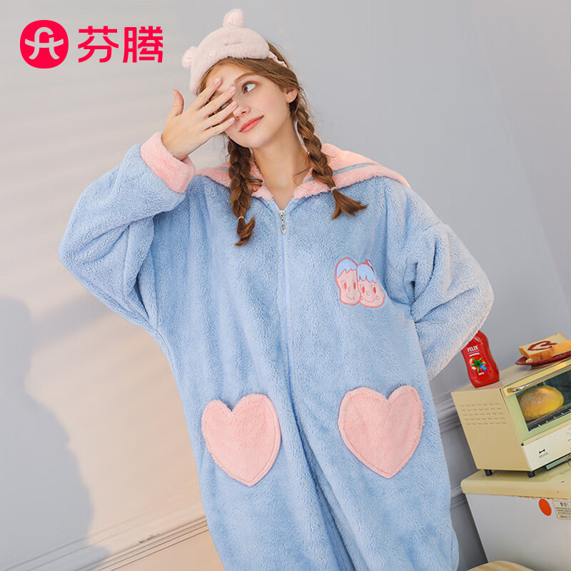 芬腾连体珊瑚绒睡衣女可外穿秋冬加绒加厚新款家居服连帽法兰绒后拉链 S