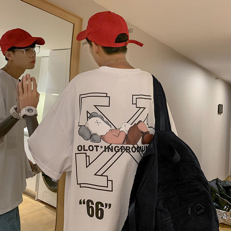 短袖t恤男日系潮牌百搭帅气宽松上衣男港风休闲体恤衫男 白色芝麻66 s