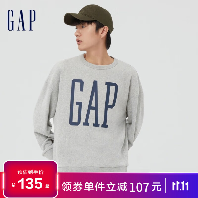 Gap Gap男女装LOGO法式圈织软卫衣877466秋冬情侣复古运动上衣 灰色 180/96A(M)