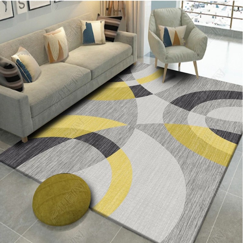圣艾尔欧式几何地毯简约时尚图案客厅茶几地毯卧室长方形餐桌地毯可水洗 灰黄几何图案 平面款120*160cm小型客厅地毯