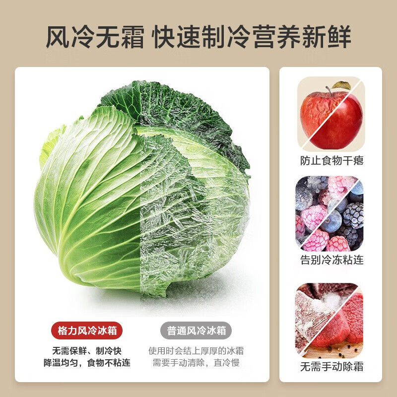 格力(GREE) 晶弘231升三门冰箱 小型家用 干湿分储 超薄风冷无霜养鲜 净味 5大制冷模式 BCD-231WETG/浮光金