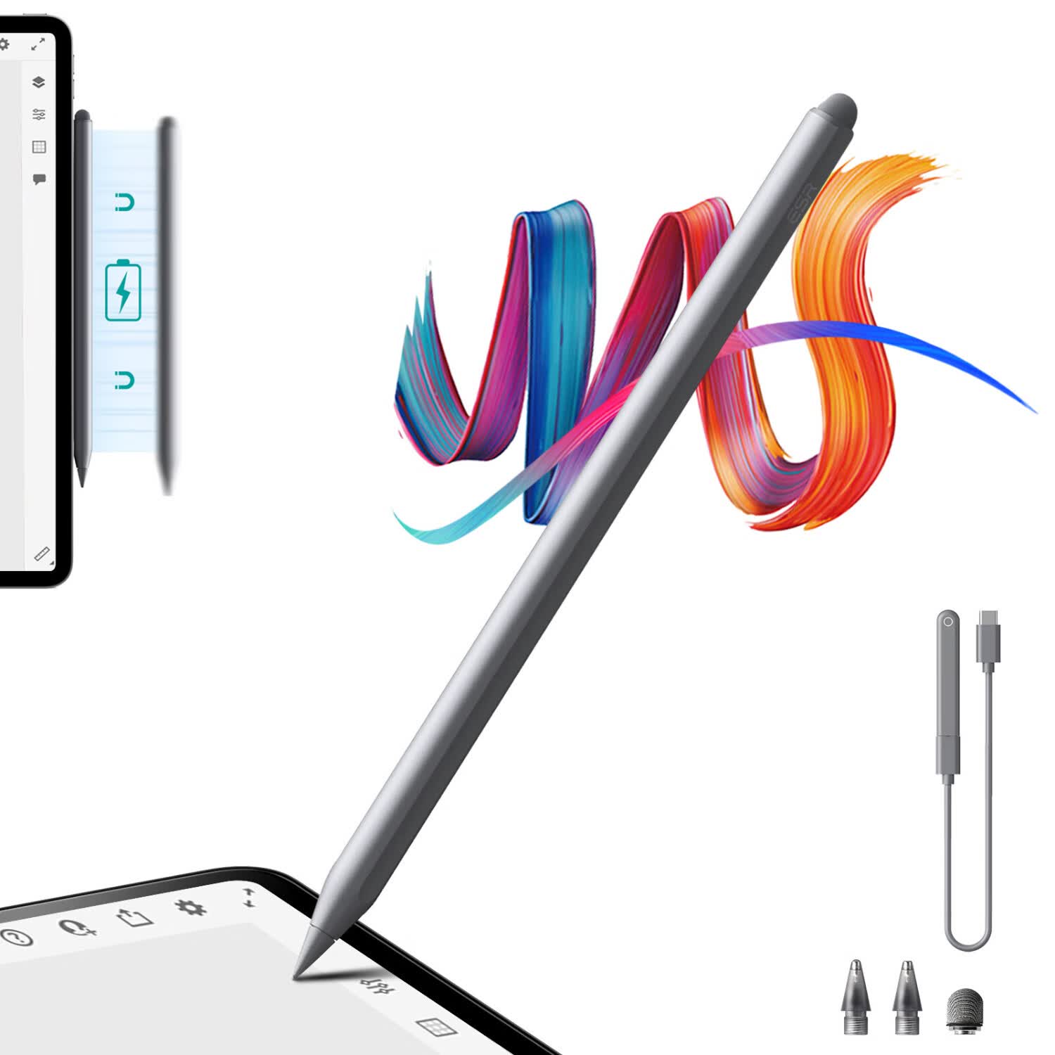 亿色电容笔iPad苹果笔apple pencil二代【蓝牙电显】iPad Pro/Air/Mini通用2024年新款iPad强磁吸附 iPad专用【电容笔】磁吸款丨灰