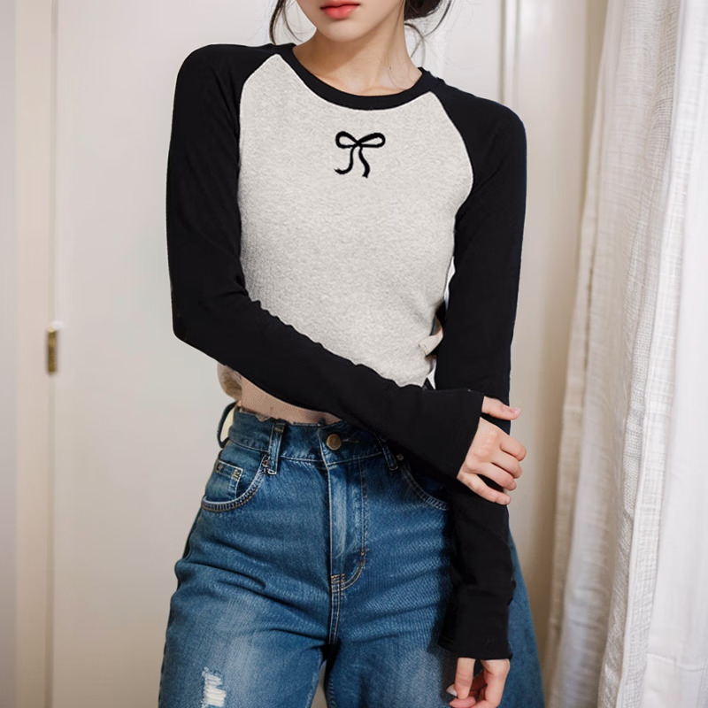TAKE MOVE秋季撞色拼接圆领长袖T恤女24新款修身显瘦训练健身潮流休闲打底 灰拼黑 S (80-95斤)