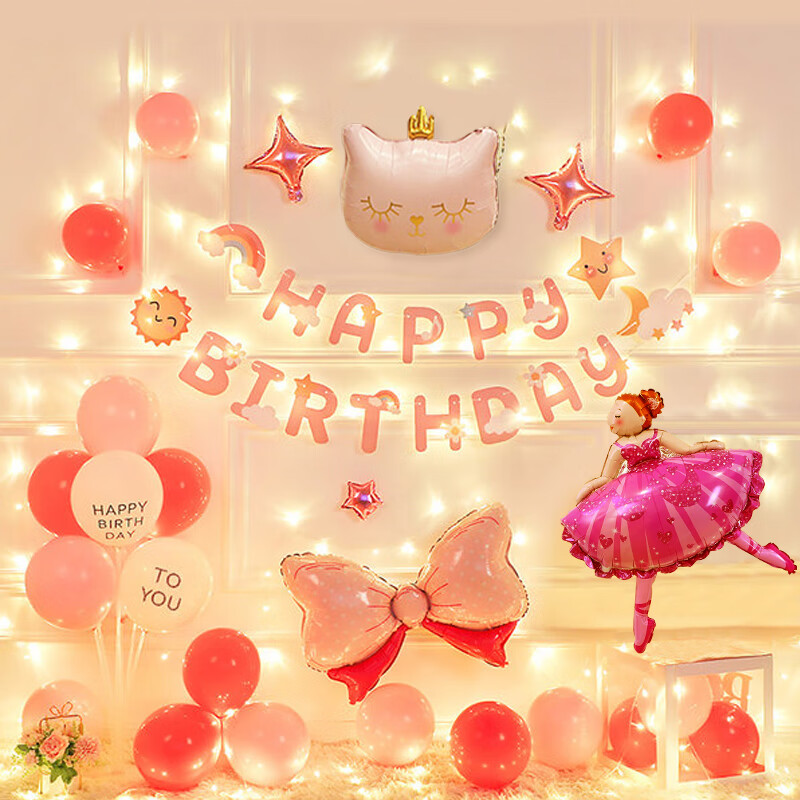 演绎生日场景布置女孩儿童宝宝周岁生日快乐派对房间氛围气球装饰