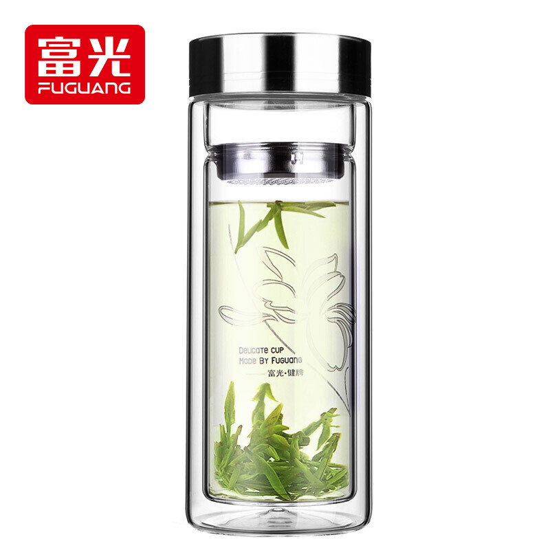 富光 健牌双层玻璃杯 透明带盖茶杯办公杯带把 大容量男女水杯 320ml