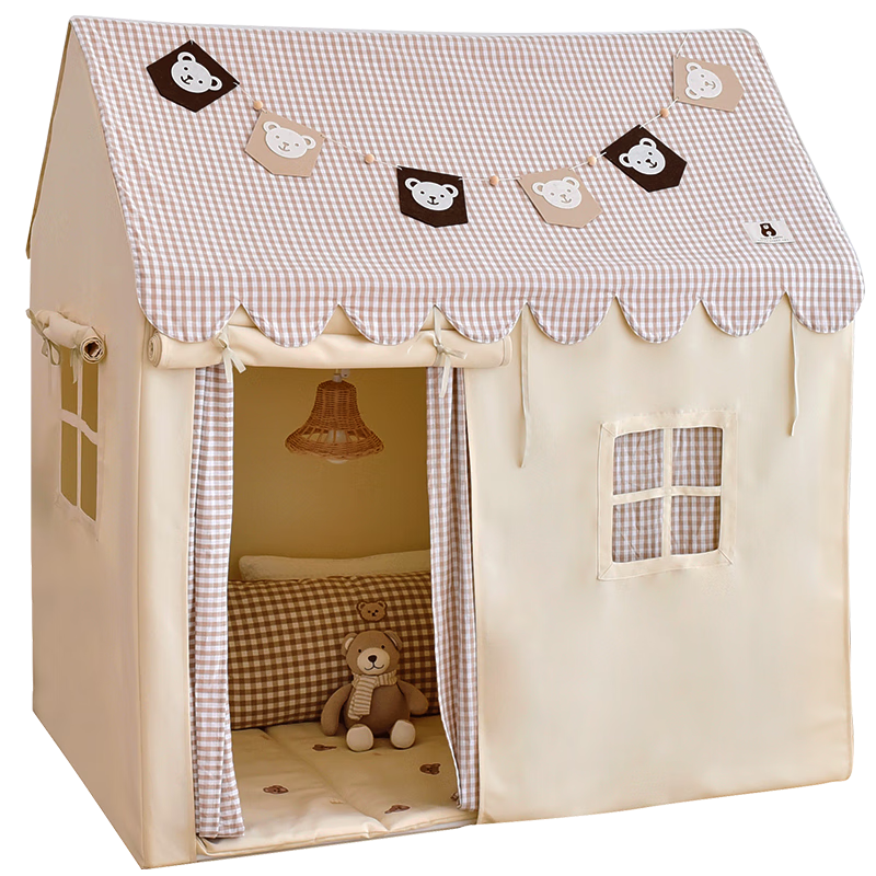 哎呦宝贝儿童帐篷室内家用男孩女孩公主小房子玩具屋游戏屋宝宝生日礼物 【实木款】熊屋+地垫+顶布+旗+灯