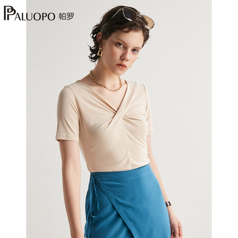 帕罗（PALUOPO）纯色莫代尔v领短袖t恤女交叠领打底衫夏季新款上装性感半袖衣服 米色 M (160/84A)