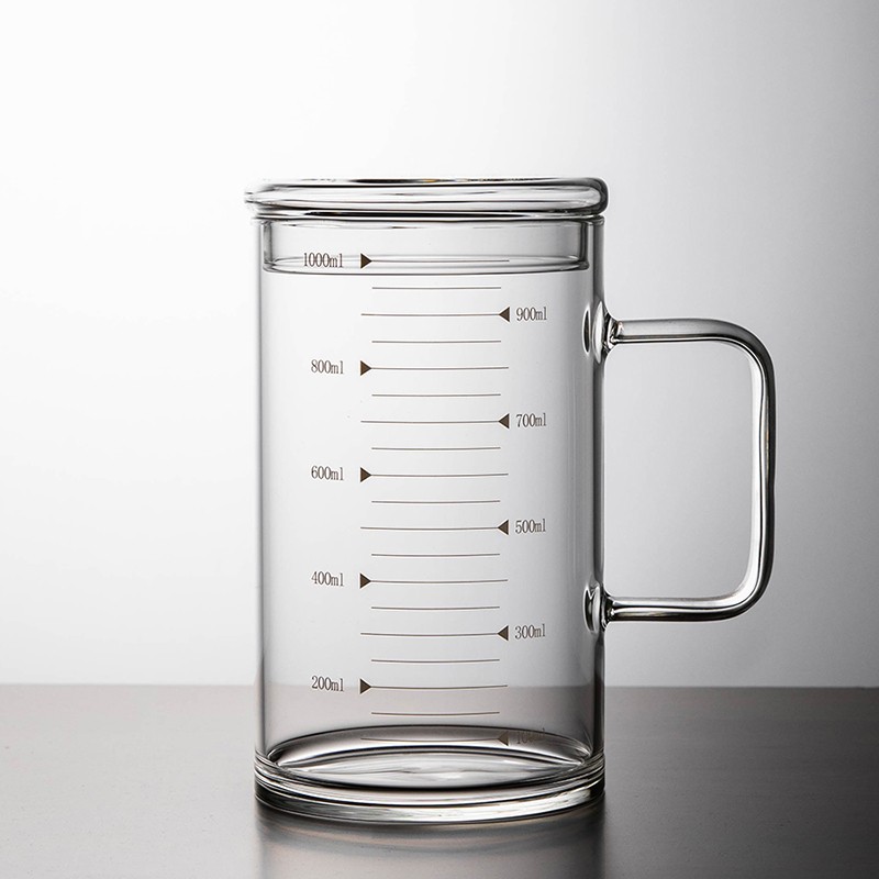 耐热玻璃杯超大容量绿茶杯子1000ml带盖马克杯带把手泡茶杯带刻度量杯
