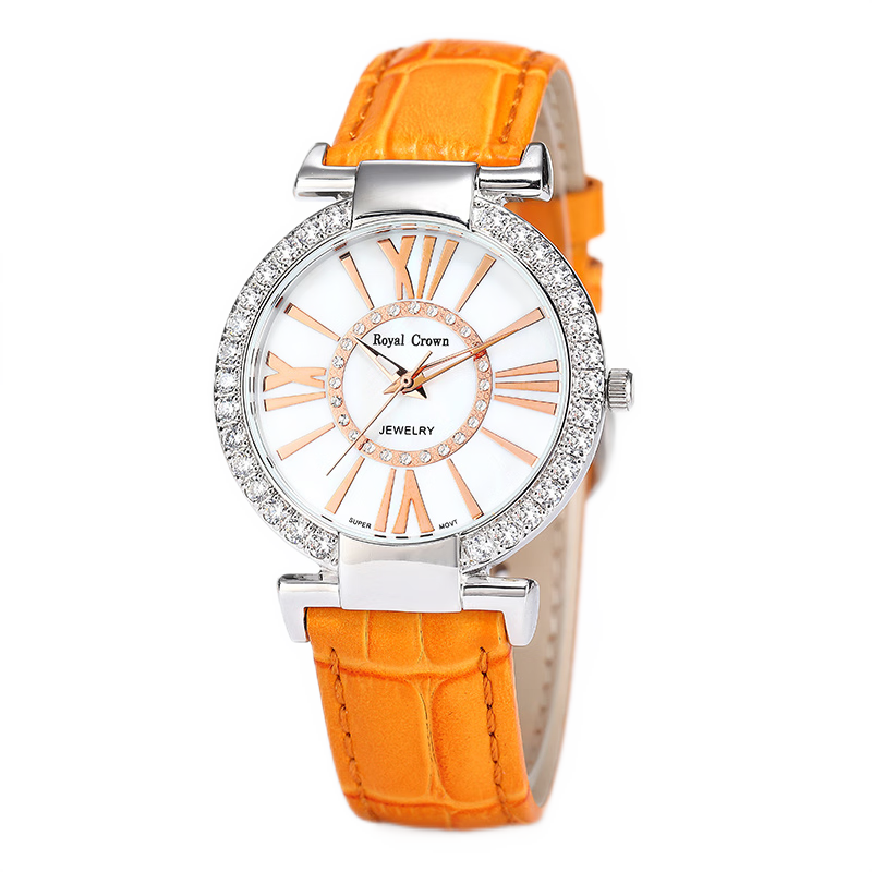 royal crown萝亚克朗手表时尚简约手工镶钻不掉钻皮带石英表多色可选