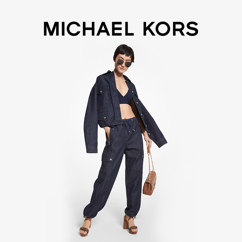 michael kors迈克高仕 工装风排扣宽松牛仔夹克外套女装 黑靛蓝 976